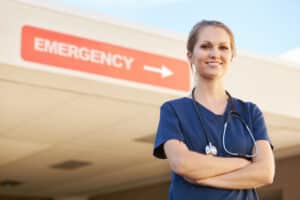 Healthcare working standing in front of emergency room after CPR training in Tempe, AZ